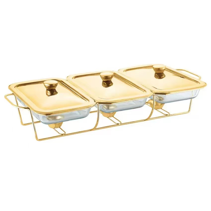 Chafing Dish square Food Warmer Top Quality Transparent Glass Mirror With High Grade Gold  Plated  Shelf  Base Stand and Top Lid