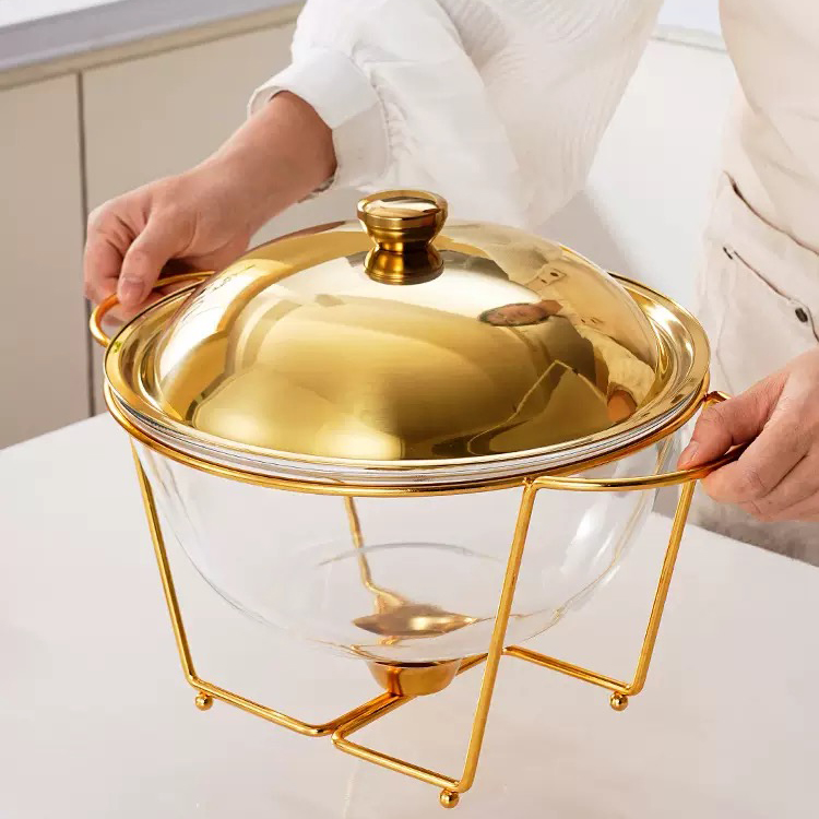 Chafing Dishes for Buffet Set Pre-installed Chafers for Catering Round Golden Chafing Dish Buffet Set with Lid
