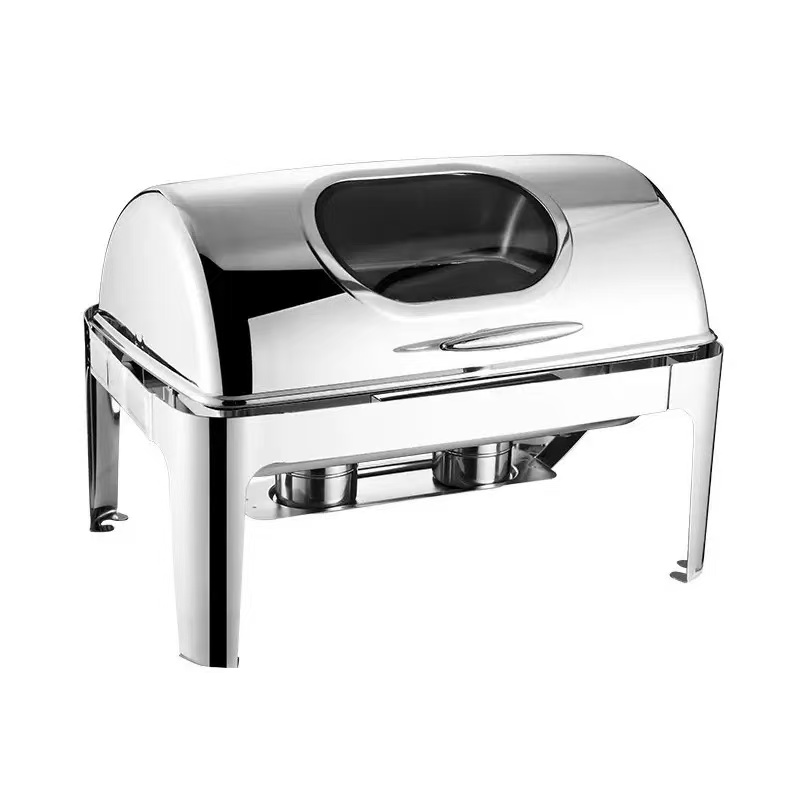 Stainless Steel Roll Top Chafing Dish Food Warmer with Visible Glass Chafer Dish Buffet Sets
